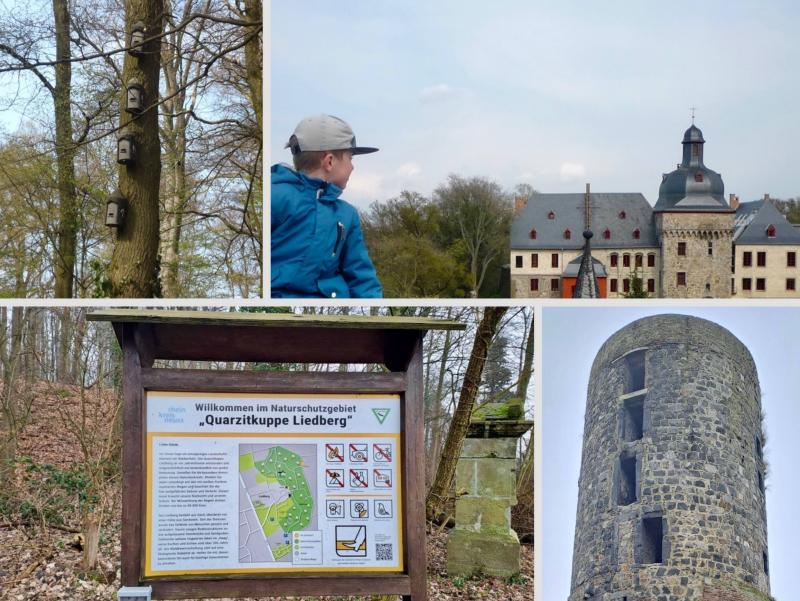 Collage aus verschiedenen Stationen der Wanderstrecke über die Quarzitkuppe in Liedberg mit Schloss und Aussichtsturm.