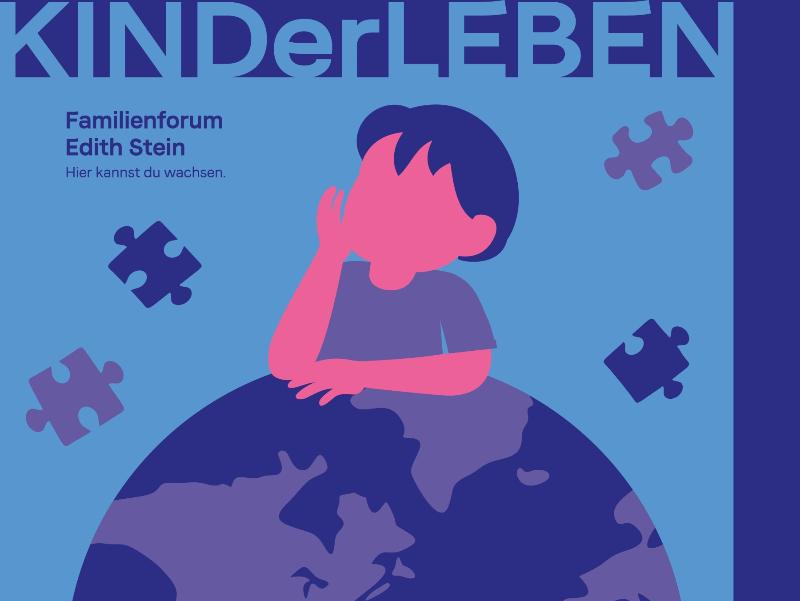 Ausschnitt aus dem Poster zur KINDerLEBEN Veranstaltung. Illustration eines Kindes, das sich nachdenklich leicht auf der Weltkugel abstützt. Einige Puzzleteile fliegen um das Kind und die Weltkugel herum.