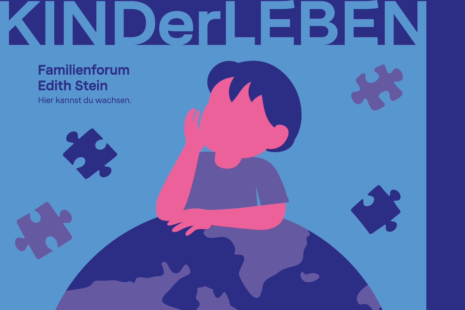 Ausschnitt aus dem Poster zur KINDerLEBEN Veranstaltung. Illustration eines Kindes, das sich nachdenklich leicht auf der Weltkugel abstützt. Einige Puzzleteile fliegen um das Kind und die Weltkugel herum.