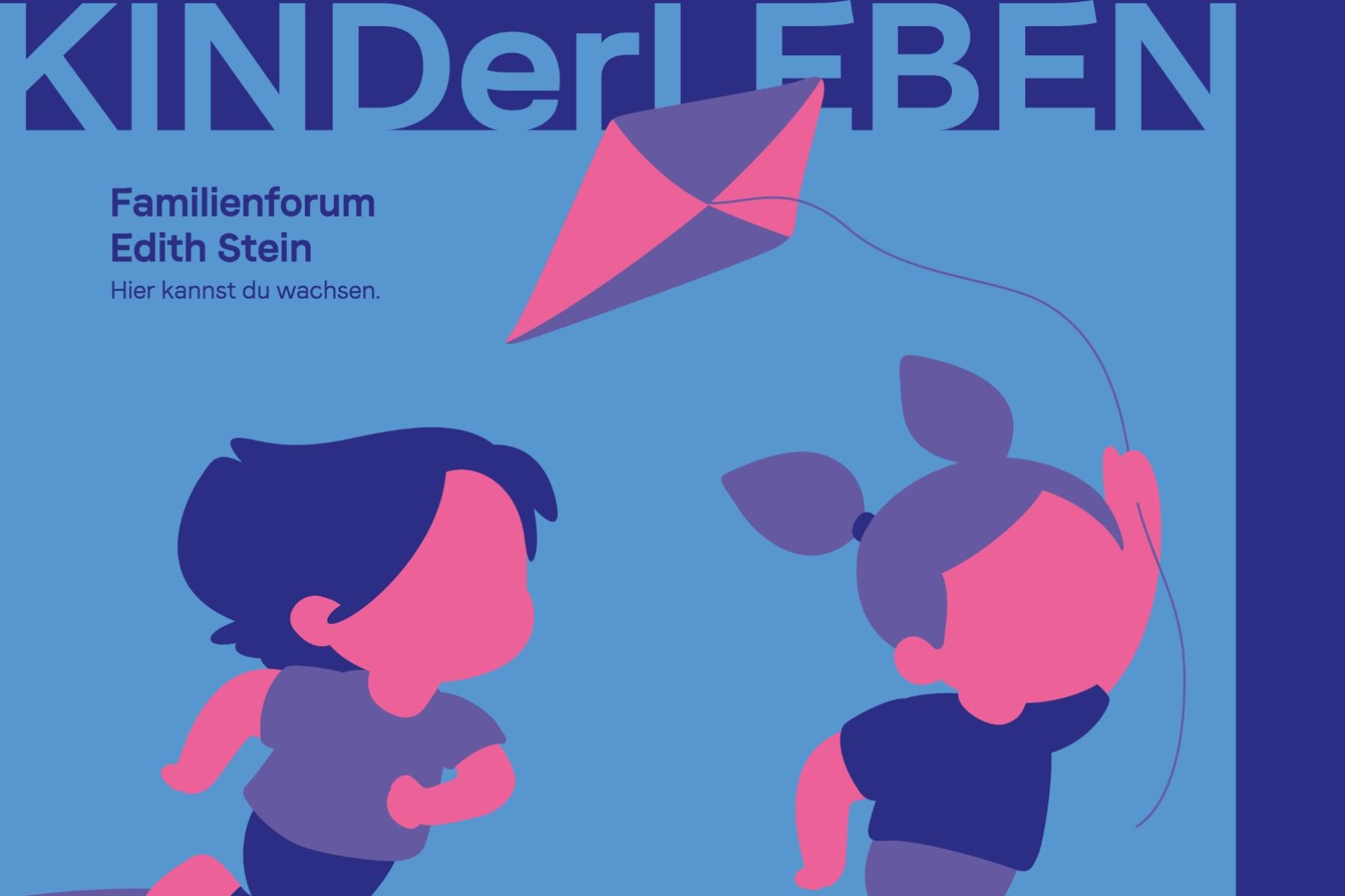 Ausschnitt aus dem Poster zur KINDerLEBEN Veranstaltung. Illustration zweier Kinder, die draußen über eine Landschaft laufen. Ein Kind lässt dabei einen Drachen steigen, der bis in den Schriftzug KINDerLEBEN hinein fliegt.
