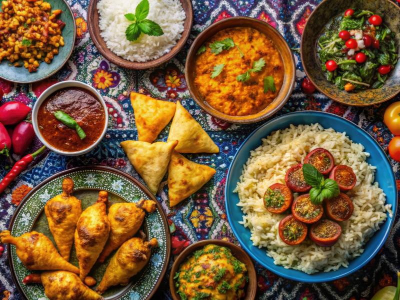 Auf einem Tisch sind viele verschiedene Gerichte und Dips in kleinen, bunten Schalen angerichtet.