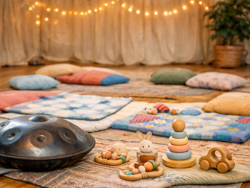 Ein Raum ist mit Krabbeldecken, Holzspielzeug und Krabbeldecken ausgelegt. Im Vordergrund ist eine Handpan als Musikinstrument zu sehen.