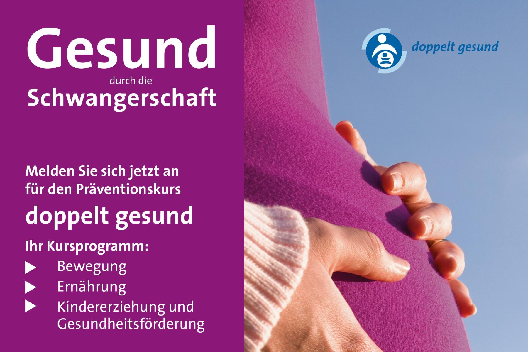 Postermotiv für den Präventionskurs doppelt gesund. Bildausschnitt zeigt den Bauch einer Schwangeren vor blauem, sonnigen Himmel.