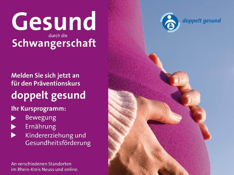 Postermotiv für den Präventionskurs doppelt gesund. Bildausschnitt zeigt den Bauch einer Schwangeren vor blauem, sonnigen Himmel.
